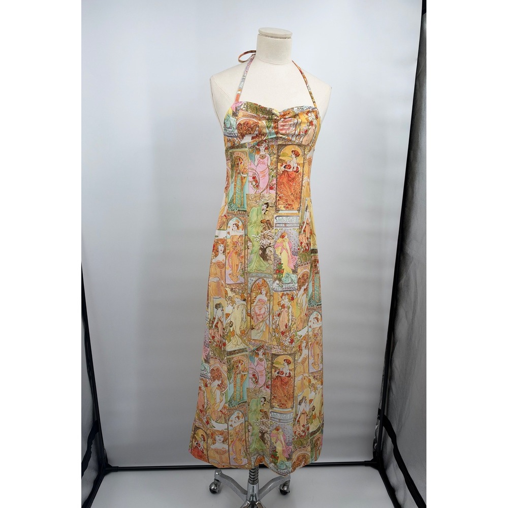Vintage High Tide Art Nouveau Alphonse Mucha Print Halter Maxi Dress XS